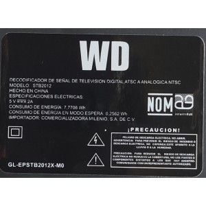 DECODIFICADOR DE SEÑAL DE TELEVISION DIGITAL A ANALOGICA STB2012 / GL-EPSTB2012X-M0 / 5V...2A	